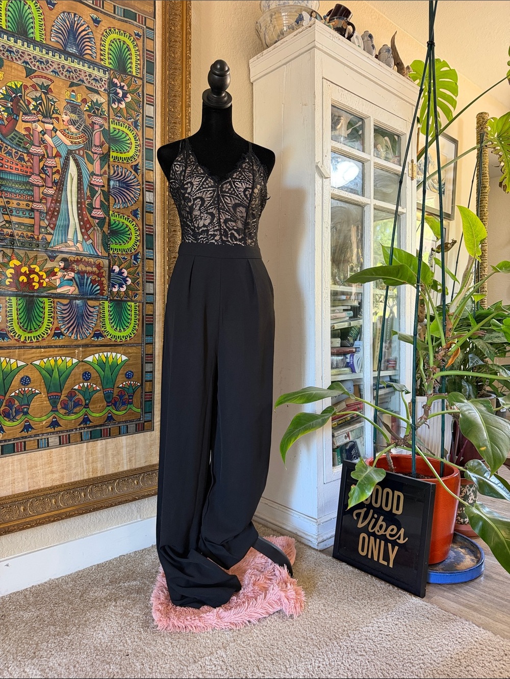 Boohoo Black Lace Bodice Wide-Leg Jumpsuit